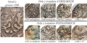Orzeł na groszu i trojakach dwóch mennic
